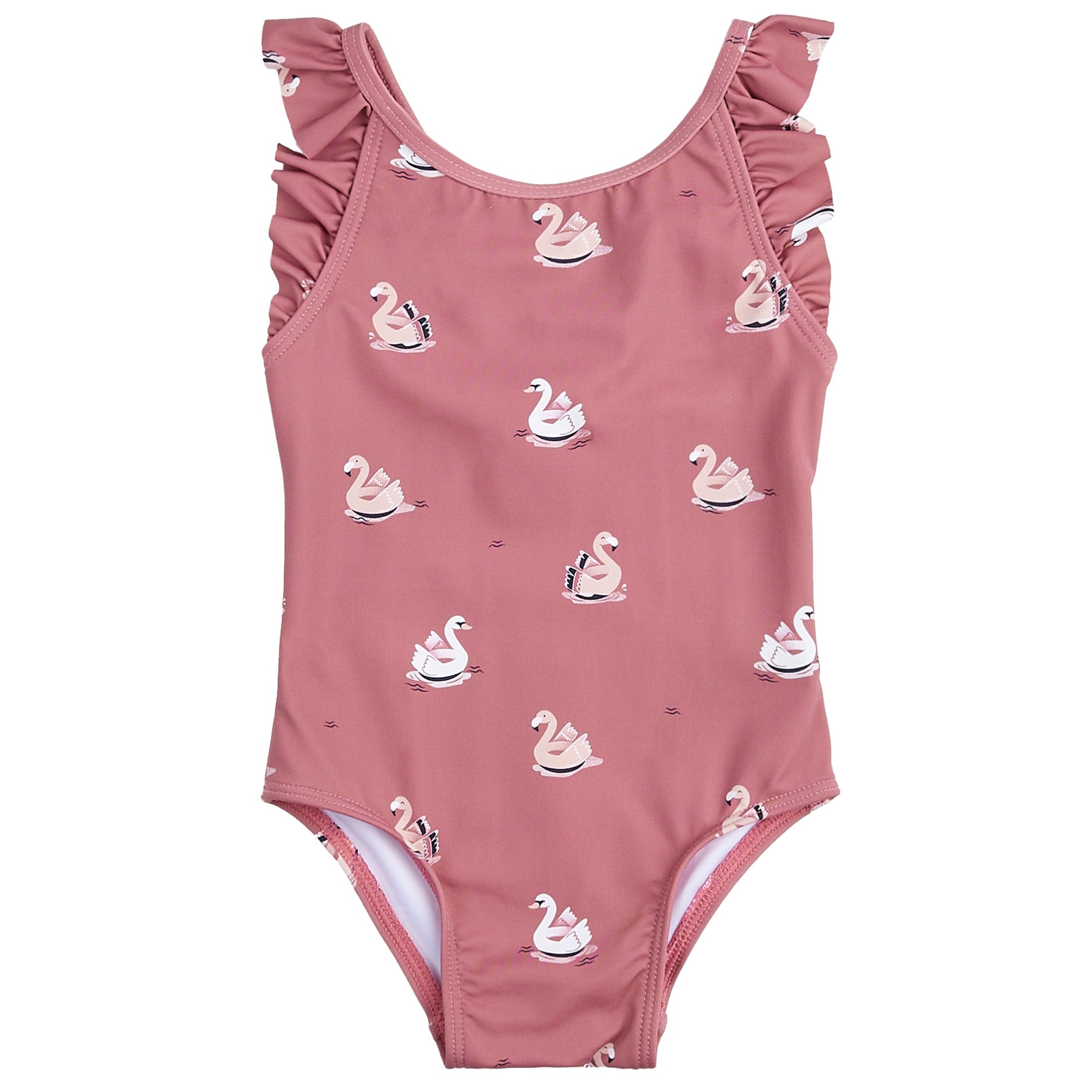 Petit lem - Maillot de bain une pièce rose imprimée de cygnes