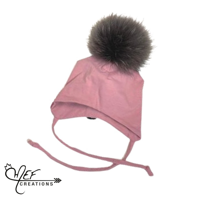 M.E.F Créations - Tuque à pompon doublée en coton avec attache - Vieux rose