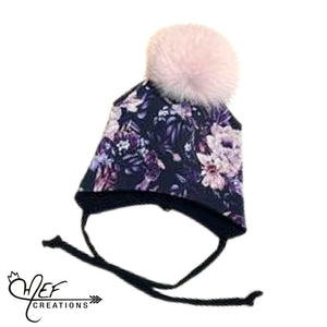 M.E.F Créations - Tuque à pompon doublée en coton avec attache - Fleuris mauve, 5-7 ans