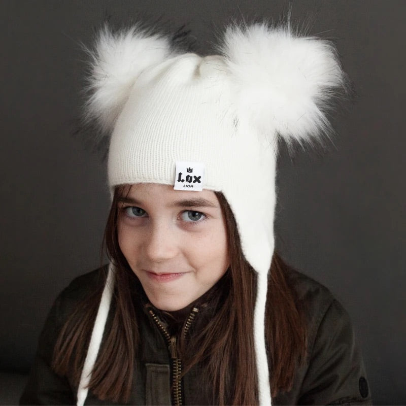 Lox lion - Tuque tricotée douceur cachemire avec double pompons - blanche